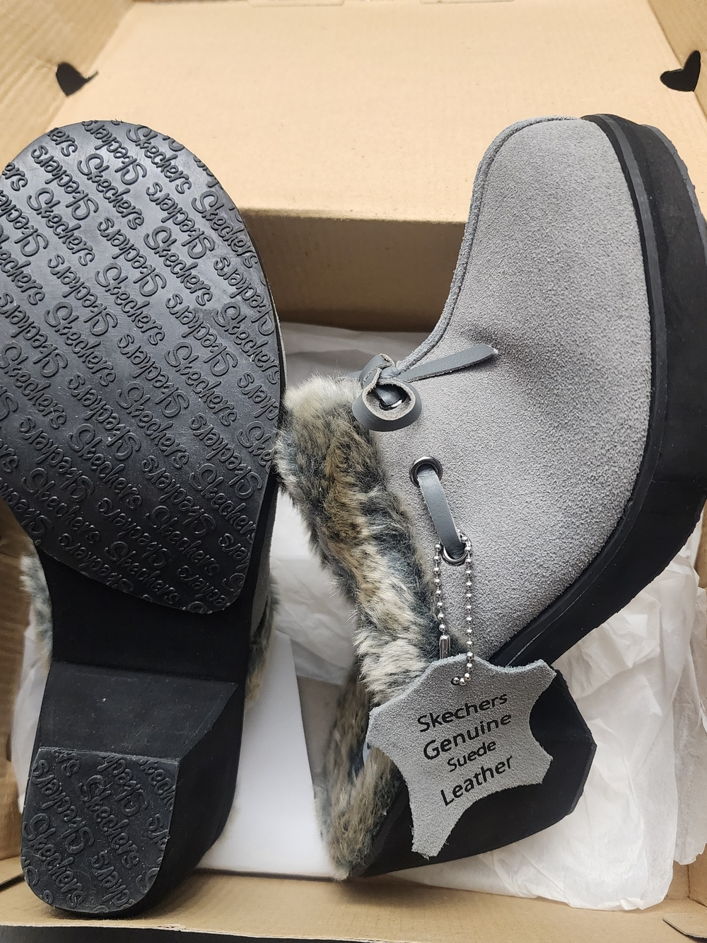 Skechers Gray Suede Faux Fur Slip-On Clog - Brand New In Box